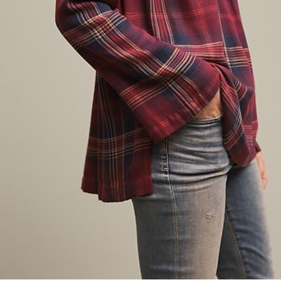Cloth & Stone for Anthropologie Red Plaid Off Shoulder Top Shirt Blouse Small S - Picture 2 of 5